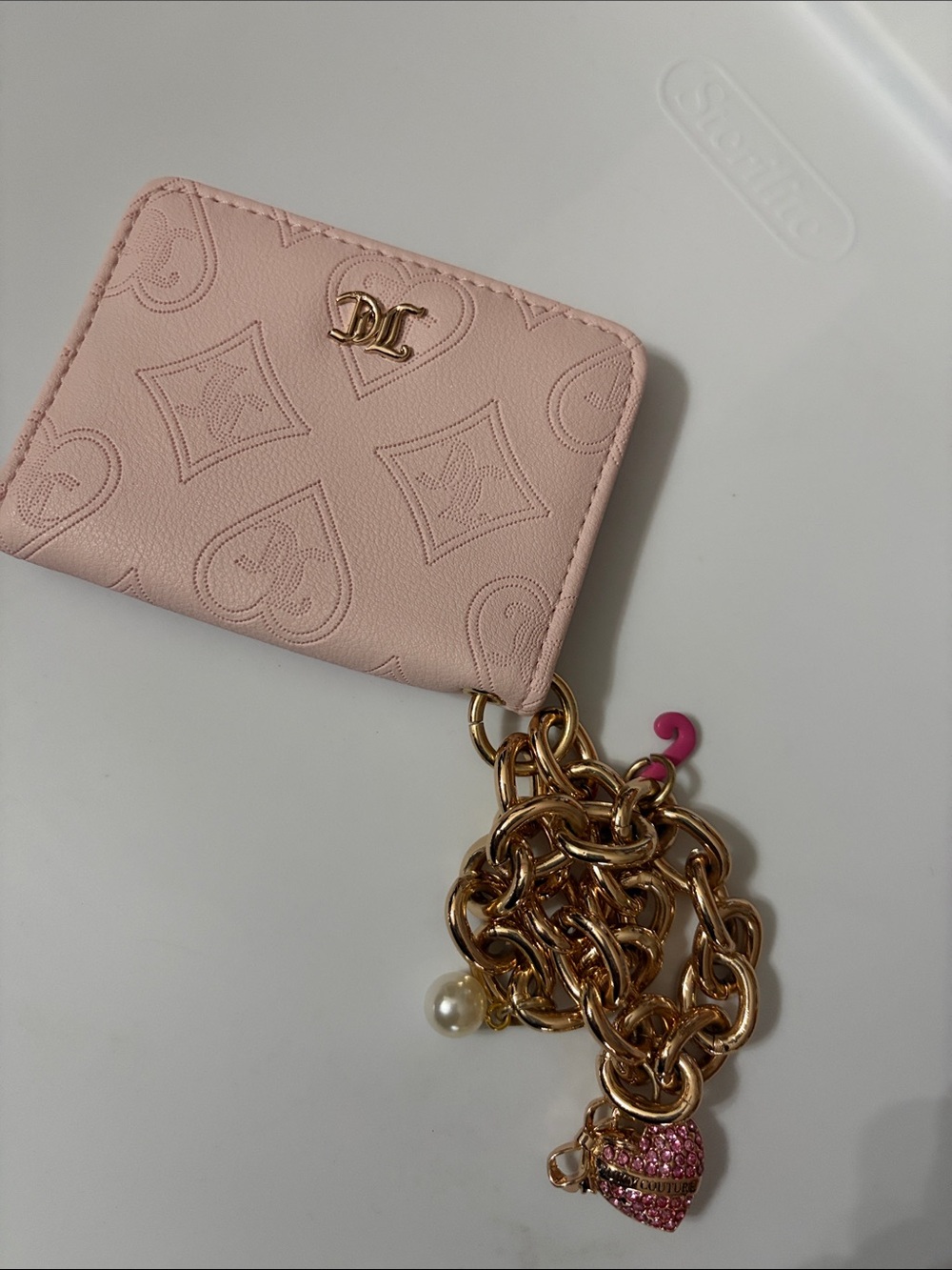 Juicy Couture Pink Embossed Leather Card Wallet with Gold Charm Chain